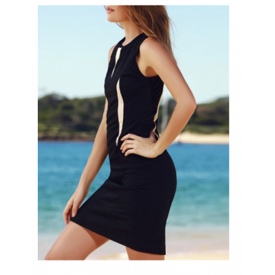 Sleeveless Round Neck Color Block Bodycon Dress For Women - Black